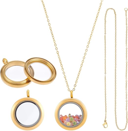 Stainless Steel Memory Locket Charm Flat Round DIY Picture Photo Necklace Making Kit Chain Necklace with Crystal Double Sided Frame Glass Container Floating Charms for Lockets