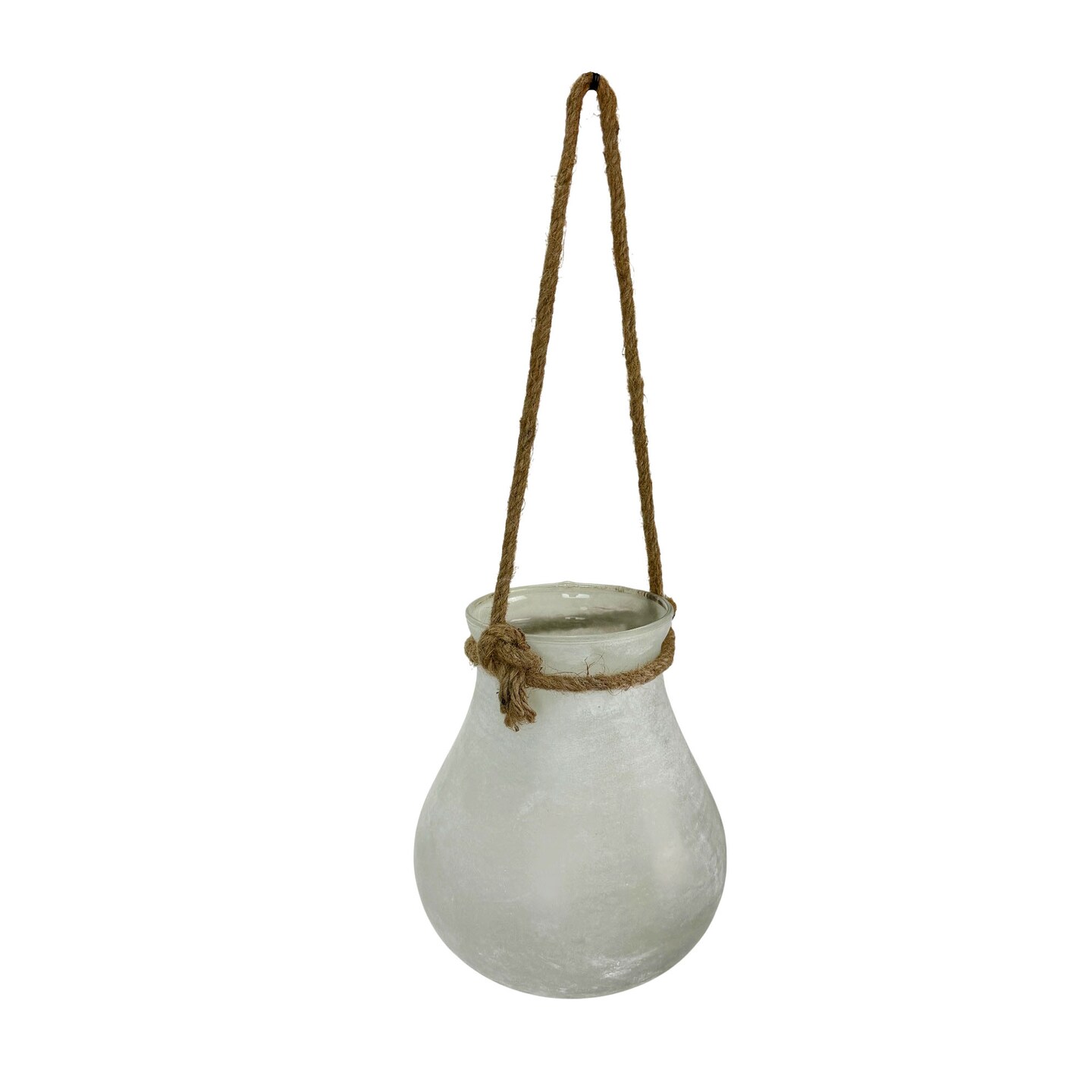 Frosted Glass Decorative Candle Lantern W Rope Hanger, 7 in Deep Round