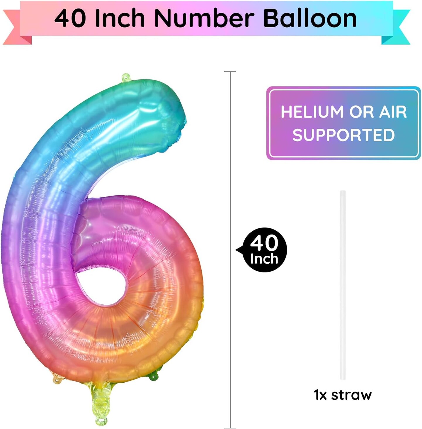 Rainbow Number 6 Balloon, 40 Inch Large Number Foil Mylar Balloons for 6th Girl Boy Birthday Party Celebration Decorations Supplies, Digital Balloons for Wedding Anniversary Events Decora