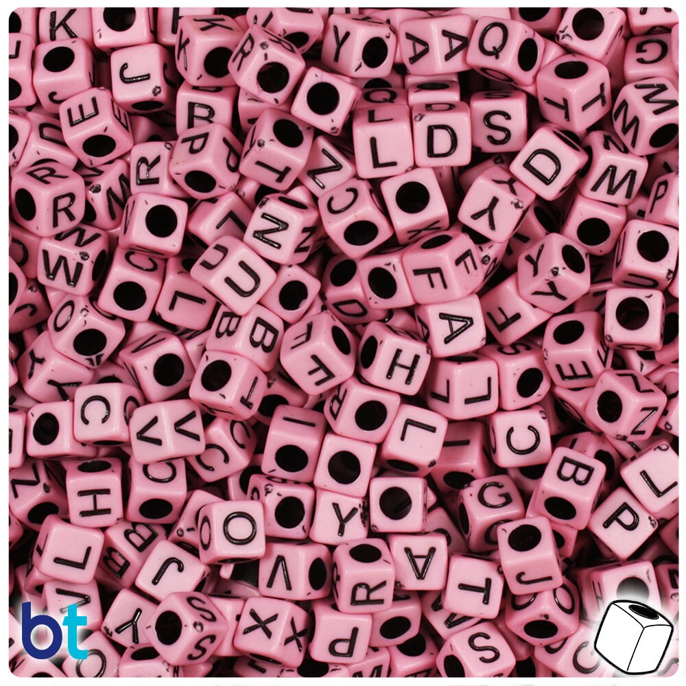 BeadTin Light Pink Opaque 6mm Cube Plastic Alpha Beads - Black Letter Mix (200pcs)