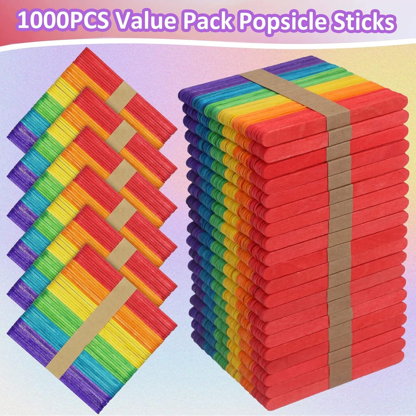 1000 Pcs Colored Popsicle Sticks for Crafts, 4.5 Inch Colored Wooden Craft Sticks, Ice Cream Sticks, Rainbow Popsicle Sticks, Great for DIY Craft Creative Designs and Children Education