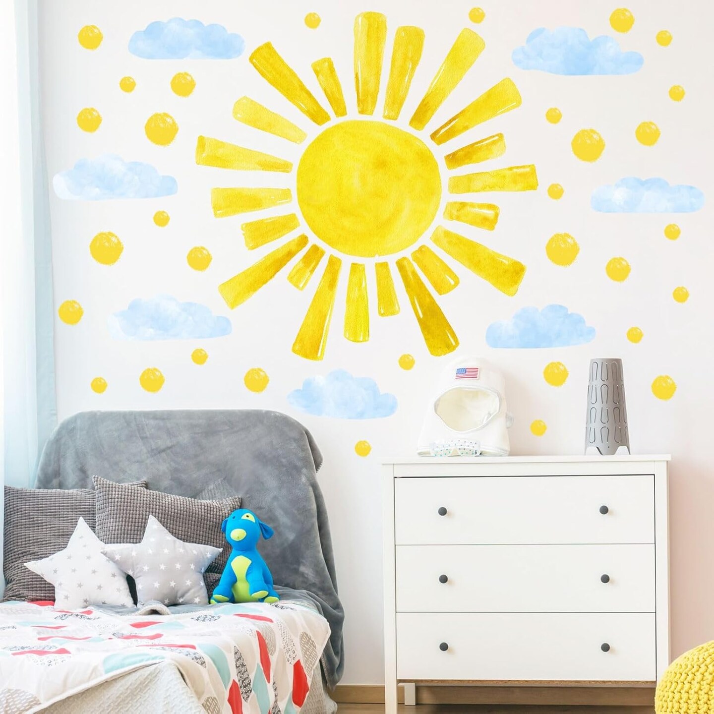 Large Sun Wall Decals Cloud Polka Dots Wall Stickers for Girls Room, 12 Sheets Watercolor Sun Wall Decor Stickers Cute Cloud Wallpaper Delicate Wall Decorations for Kids Room Bedroom