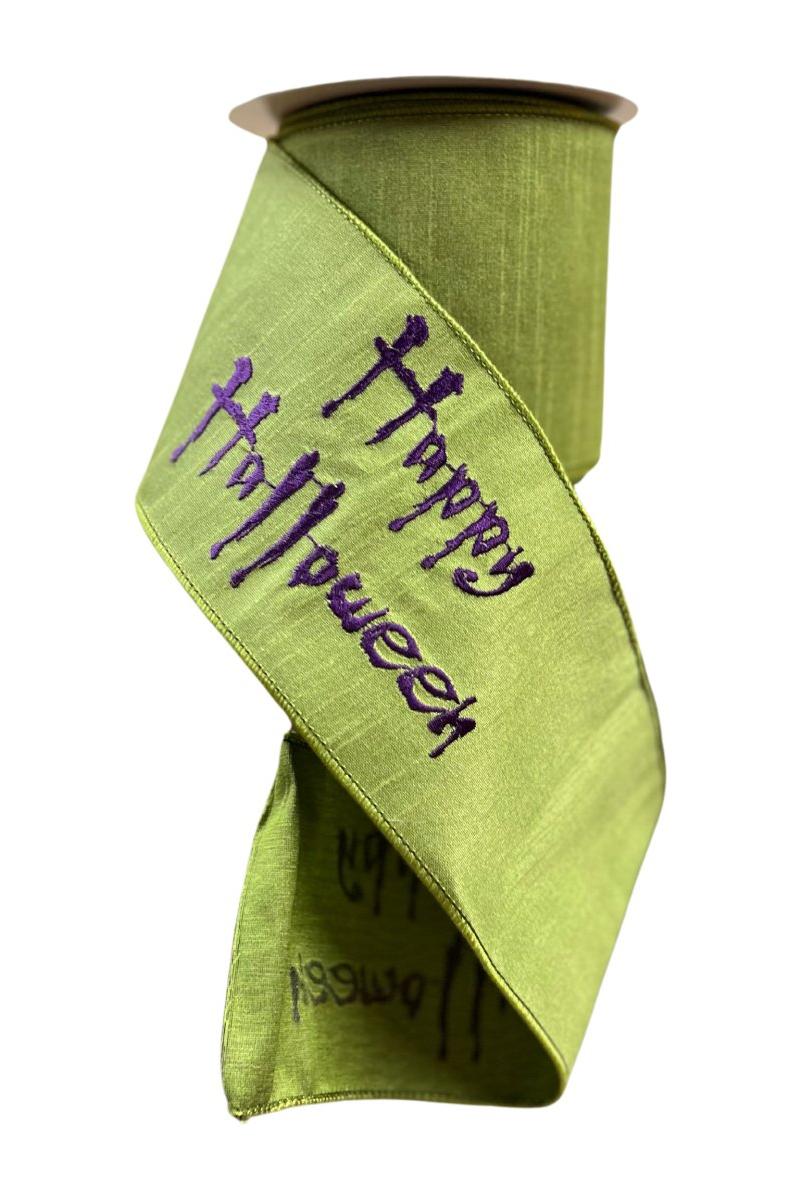 4&#x22; Embroidered Happy Halloween Ribbon: Lime (10 Yards)
