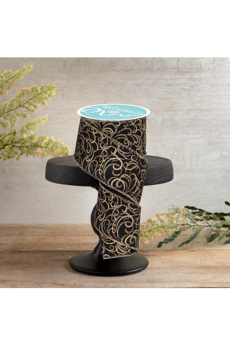 2.5&#x22; Multi Swirls Glitter Ribbon: Black/Gold (10 Yard)