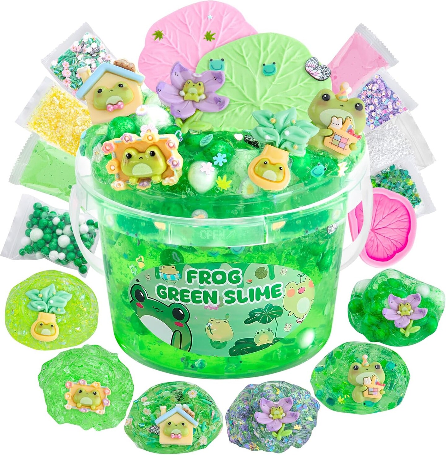 Frog Clear Slime 300ml, Green Clear Slime Kit for Girls Ages 8-12 with 8 Packs Slime Add-Ins, Slime for Kids Party Favors, Non Stick Slime with Clay, Halloween St. Patrick&#x27;s Day Easter Gifts