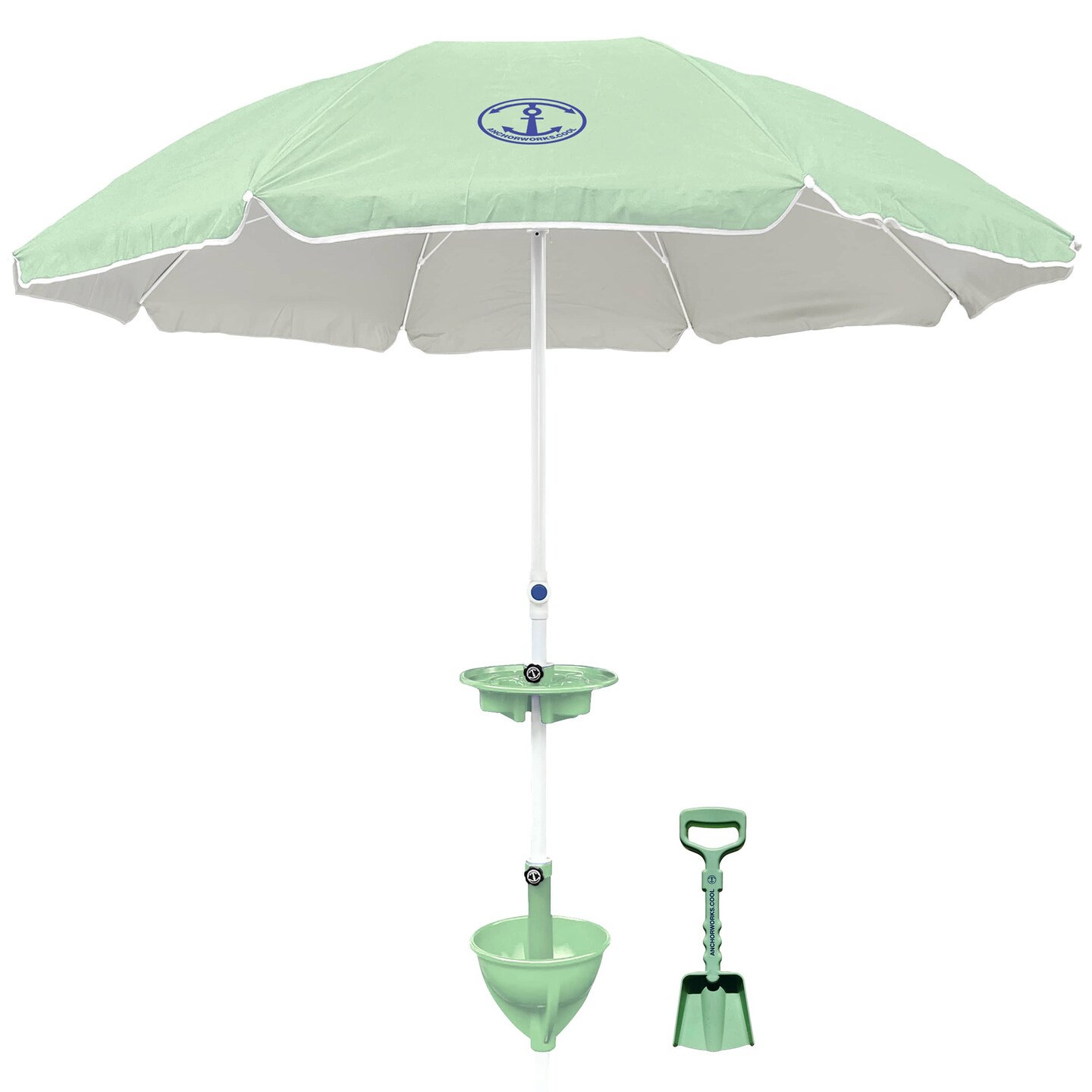 Anchor Works: Classic Beach Umbrella &#x26; AnchorONE Kit &#x2013; Seafoam Green - 7.5ft, Carry Bag, Sand Shovel &#x26; Drink Tray, UV-Protected, Outdoor Sun Canopy