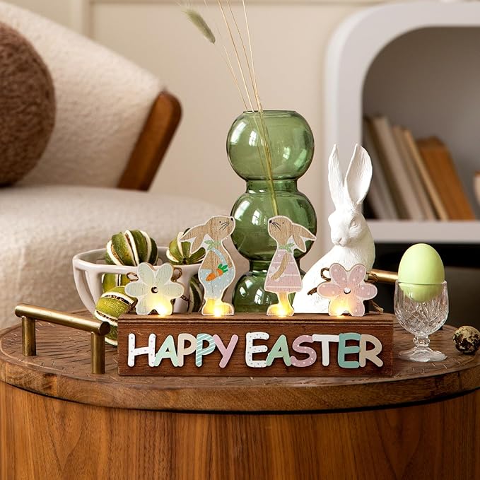 Light Up Happy Easter Sign Wooden Easter Bunny Decoration for Home, Easter Tabletop Decor Neutral Bunny Block Rustic Farmhouse Holiday Decorations for Dining Room, Kitchen, Spring Decor