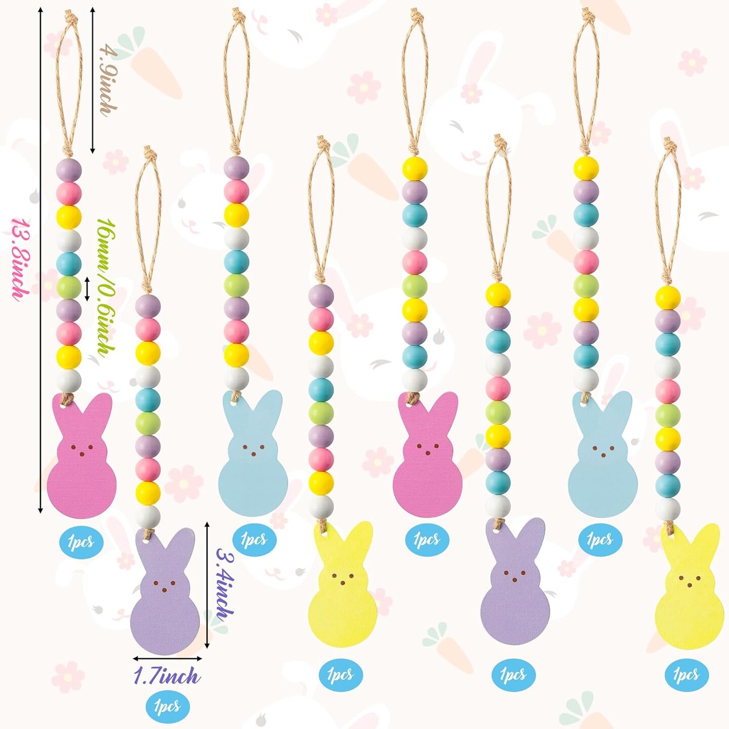 8pcs Easter Wood Bead Garland with Tassels – Peeps Bunny Hanging Ornament