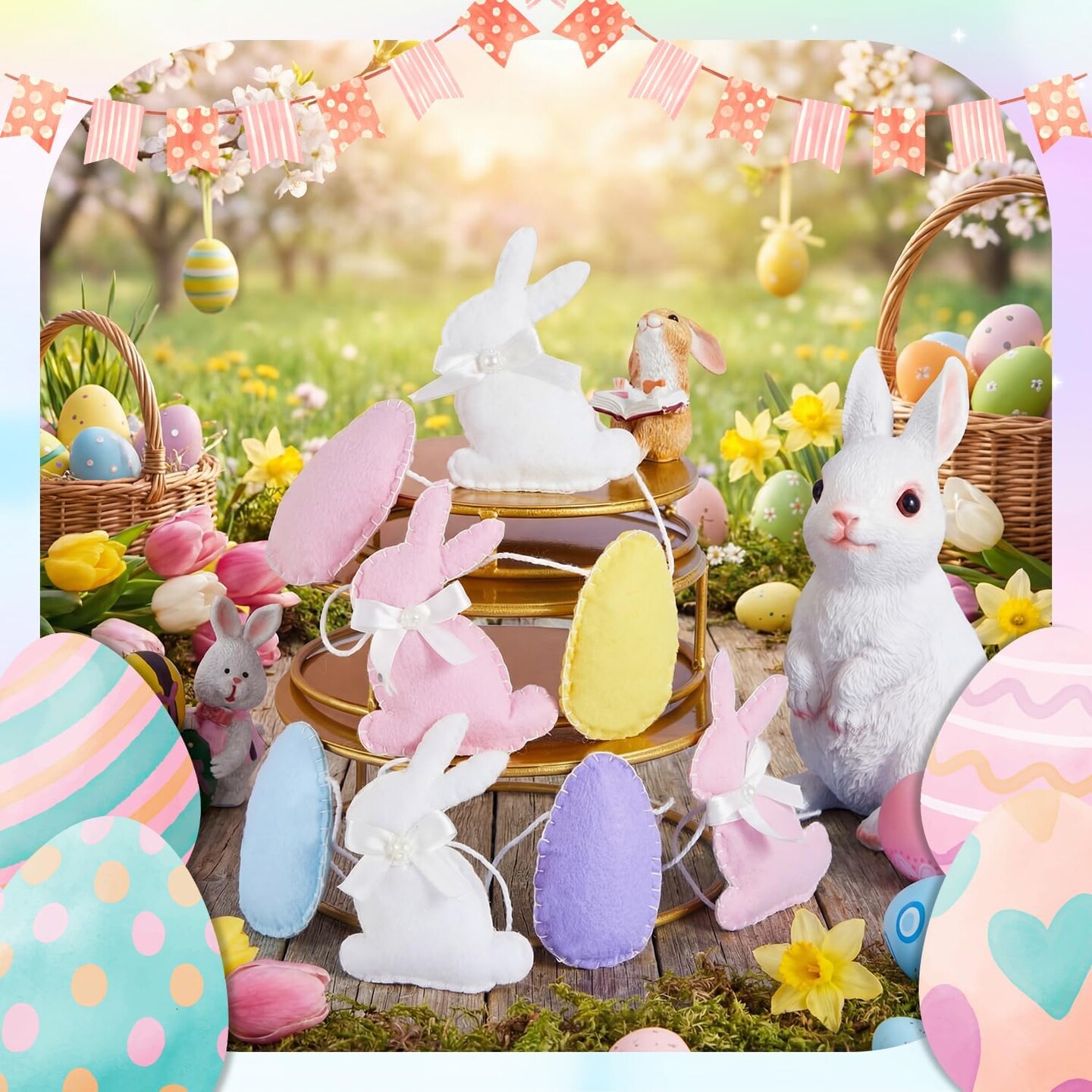 Bunny & Egg Easter Felt Garland – 4.9 Ft Handmade Hanging Banner for Mantel, Wall, Fireplace & Spring Home Decor