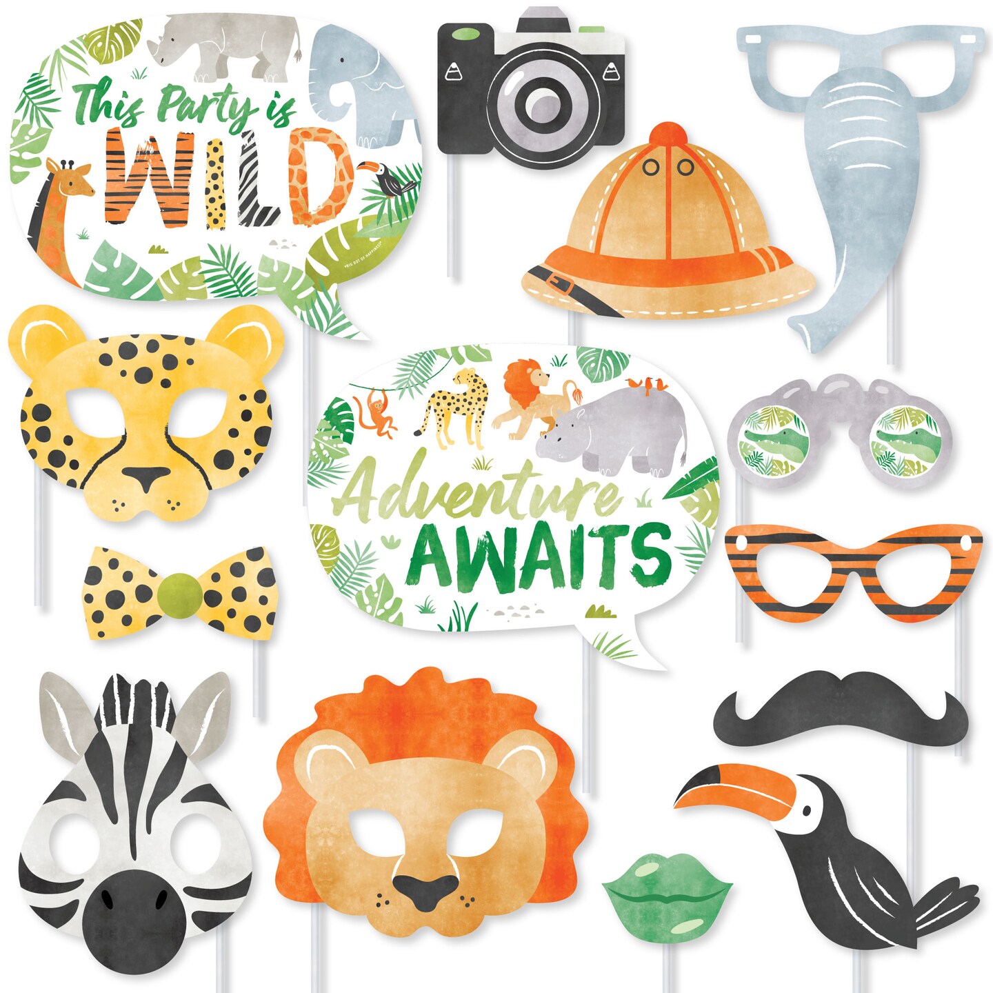 Big Dot of Happiness Safari Animals Photo Booth Props Kit, Jungle Birthday Party Decorations or Baby Shower Supplies - 20 Count Selfie Prop Sticks