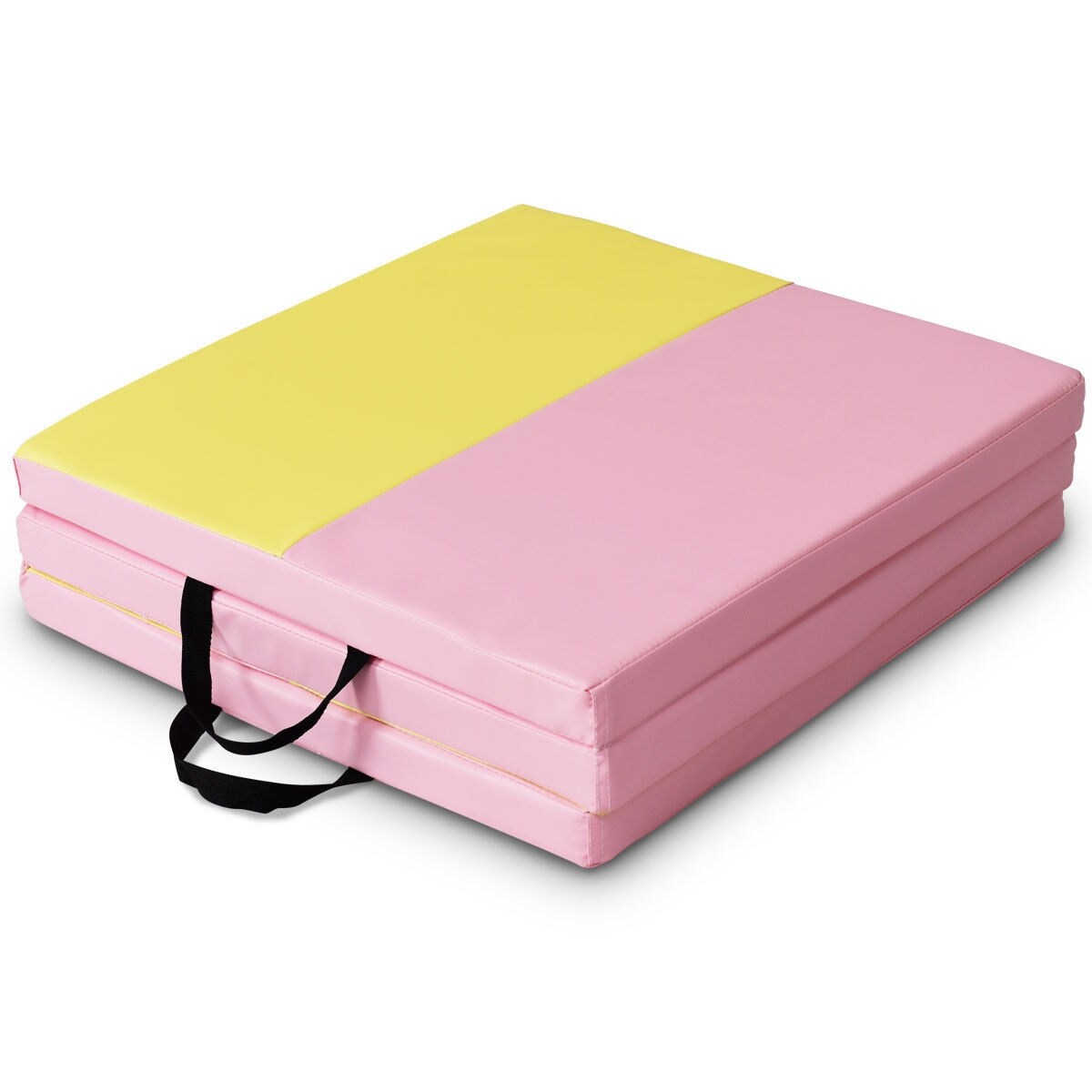 Pink-Yellow Leather Gymnastic Mat Tri-Fold Foam Yoga and Exercise