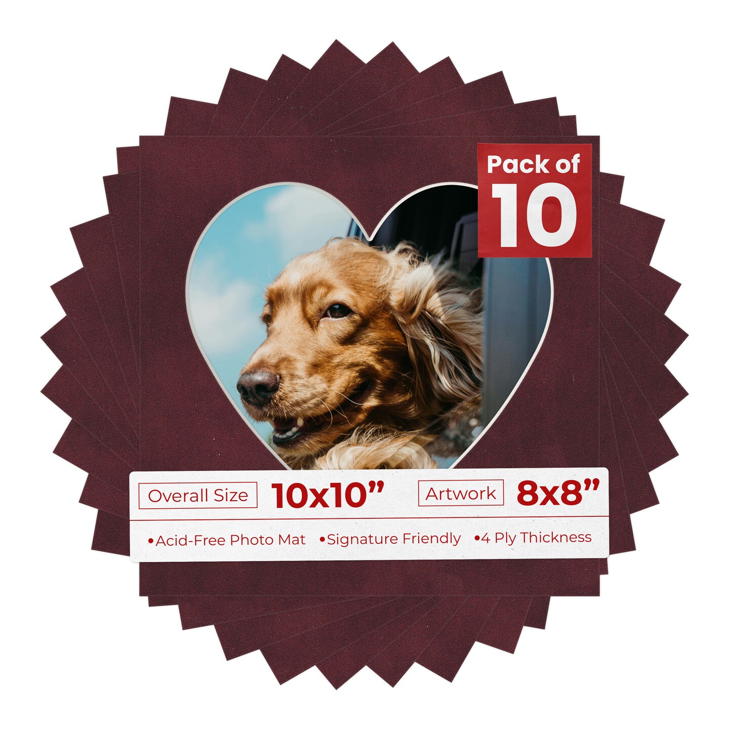 Dark Red Suede Mat Board for 10x10 Frames - Heart Opening for 8x8 Photos