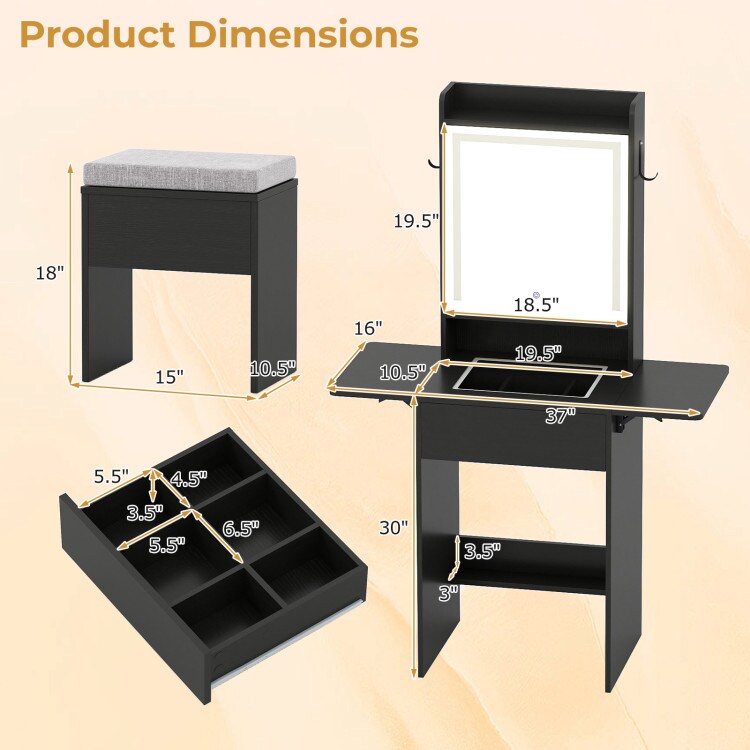 Space-Saving Vanity Desk with LED Mirror, Lights and Storage for Bedroom