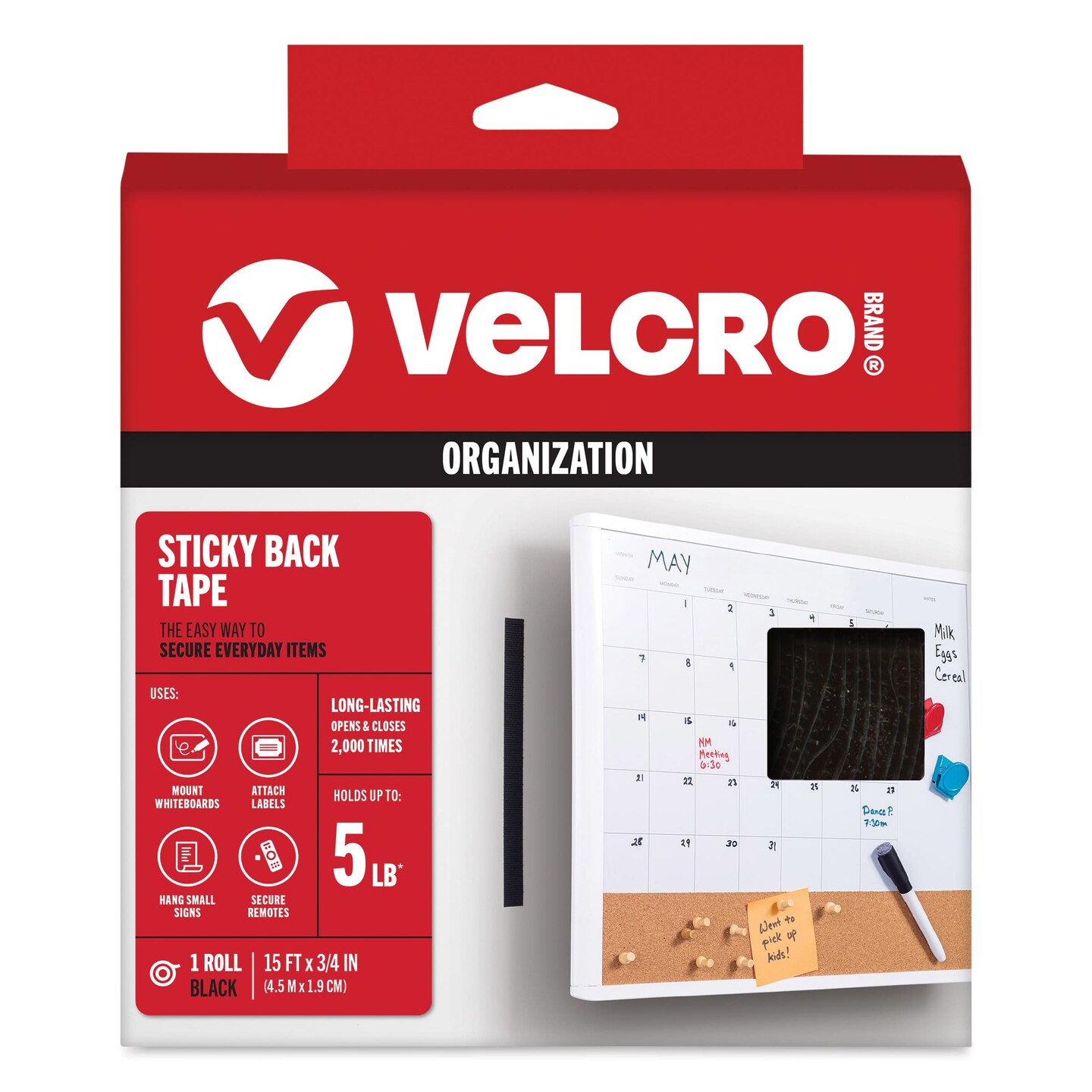 Velcro Sticky Back Fasteners - Black, 3/4" x 15 ft, Tape Roll