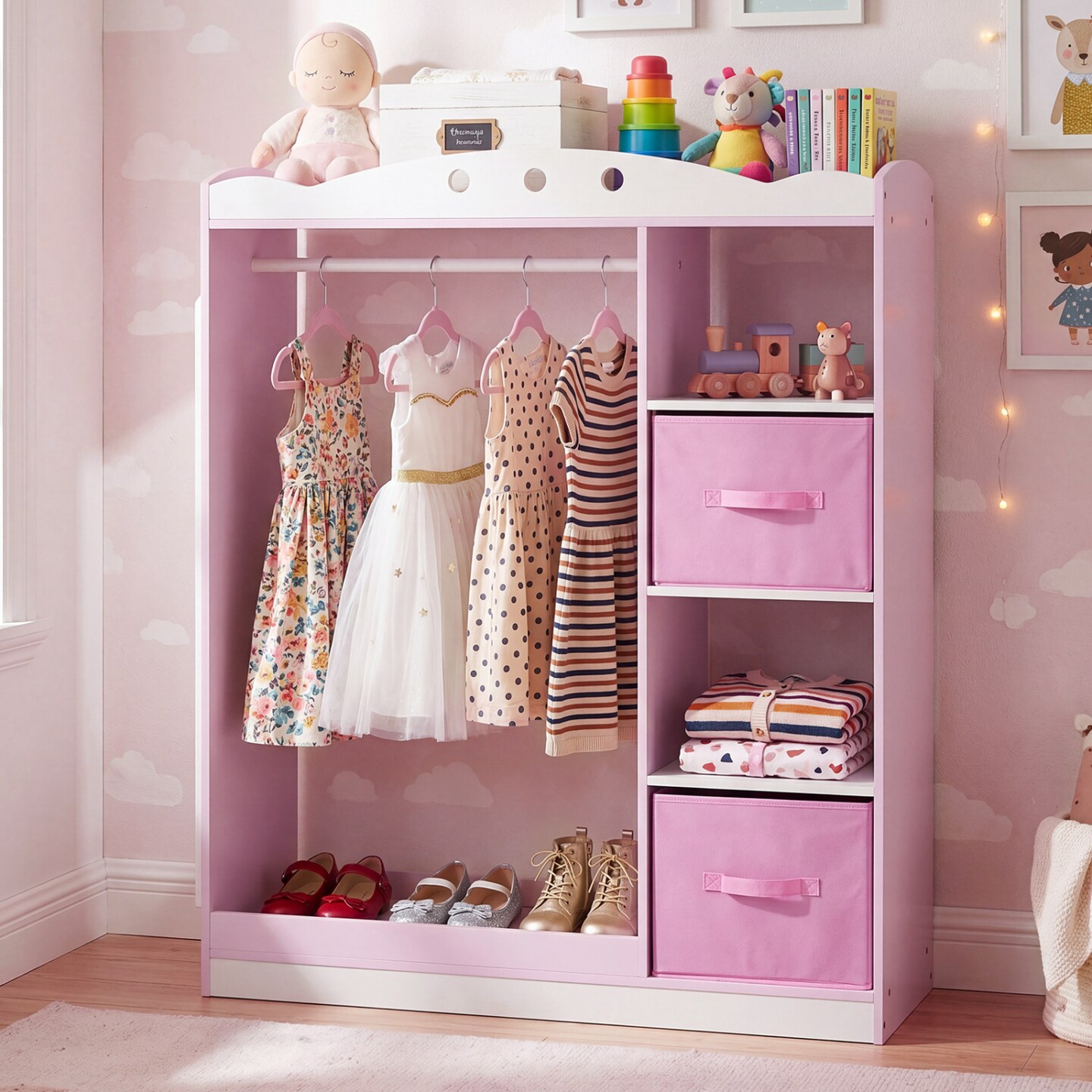 dress up clothes storage Kids Organizer with Full Length Mirror Hanging Rod Open Shelves Fabric Drawers Closet for Bedroom Playroom, Color: Pink Featuring a warm Size:EU41=255mm Hanger Texas Trendy Corset Wedding Dress