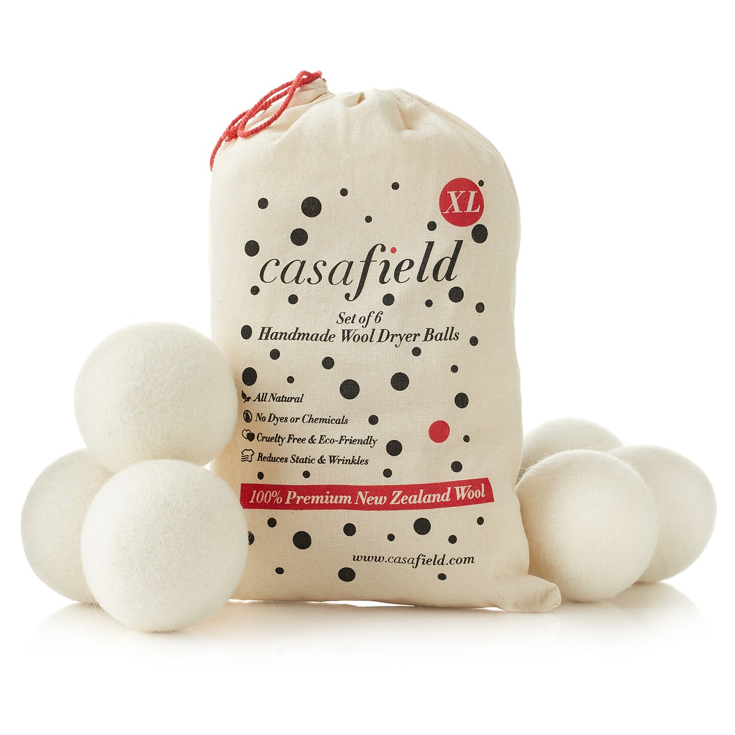 Casafield Wool Dryer Balls Set of 6, Extra Large Organic Handmade 100% New Zealand Wool, Natural Laundry Fabric Softener