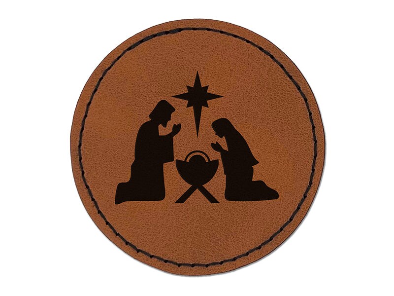 Nativity Scene Silhouette Christmas Baby Jesus Christianity Religious Round Iron-On Engraved Faux Leather Patch Applique - 2.5&#x22;