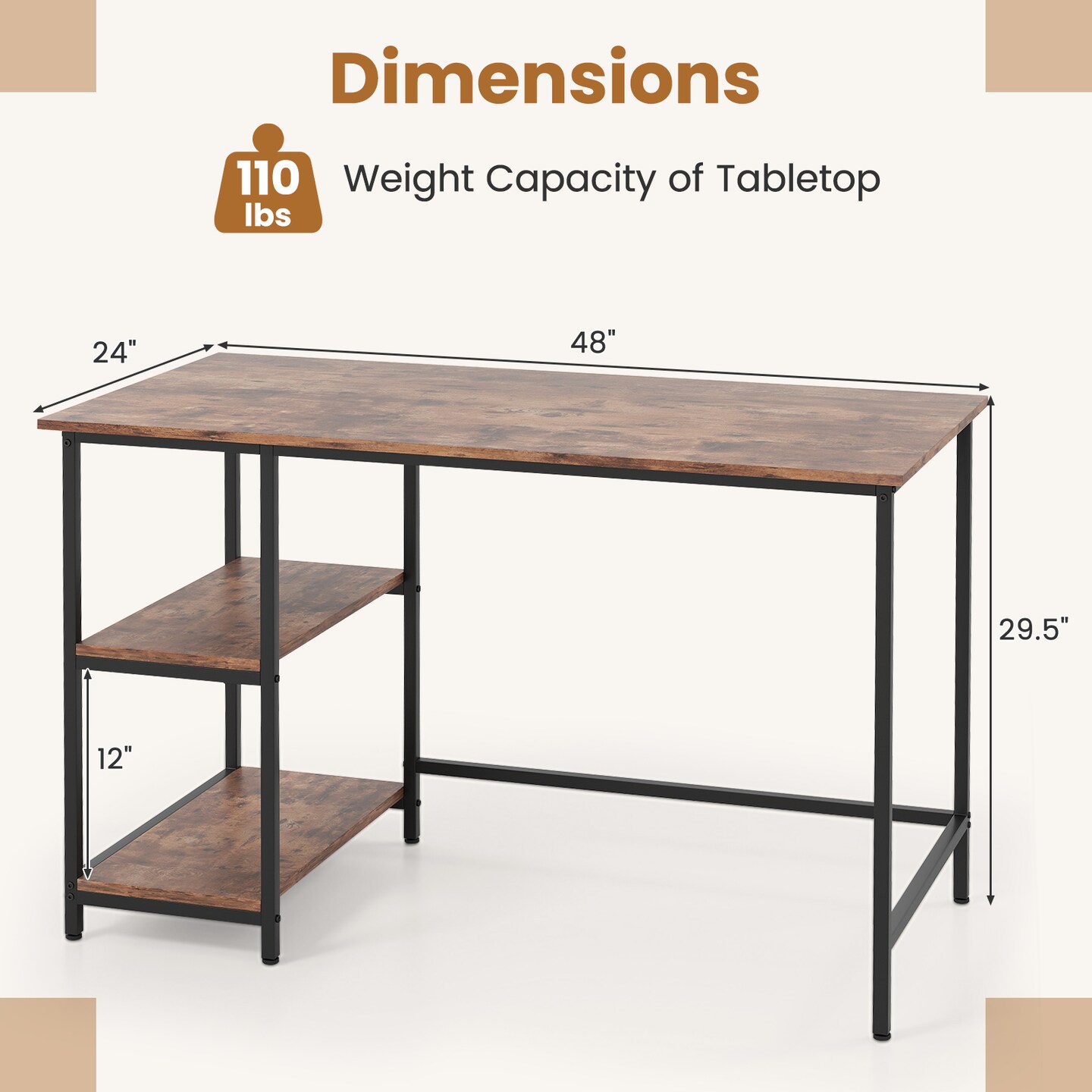 Costway 47'' Computer Desk Office Study Table Workstation Home w/ Adjustable Shelf Rustic Black/Coffee/Brown
