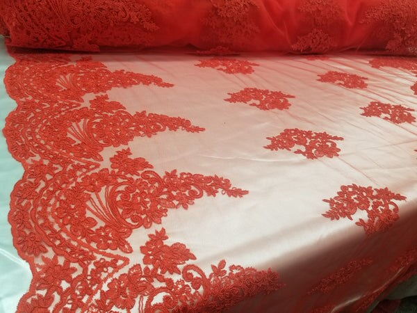 1 Yard Red French Floral Mesh Lace Fabric for Bridal Dresses and Decorations 50/54 Inch Width