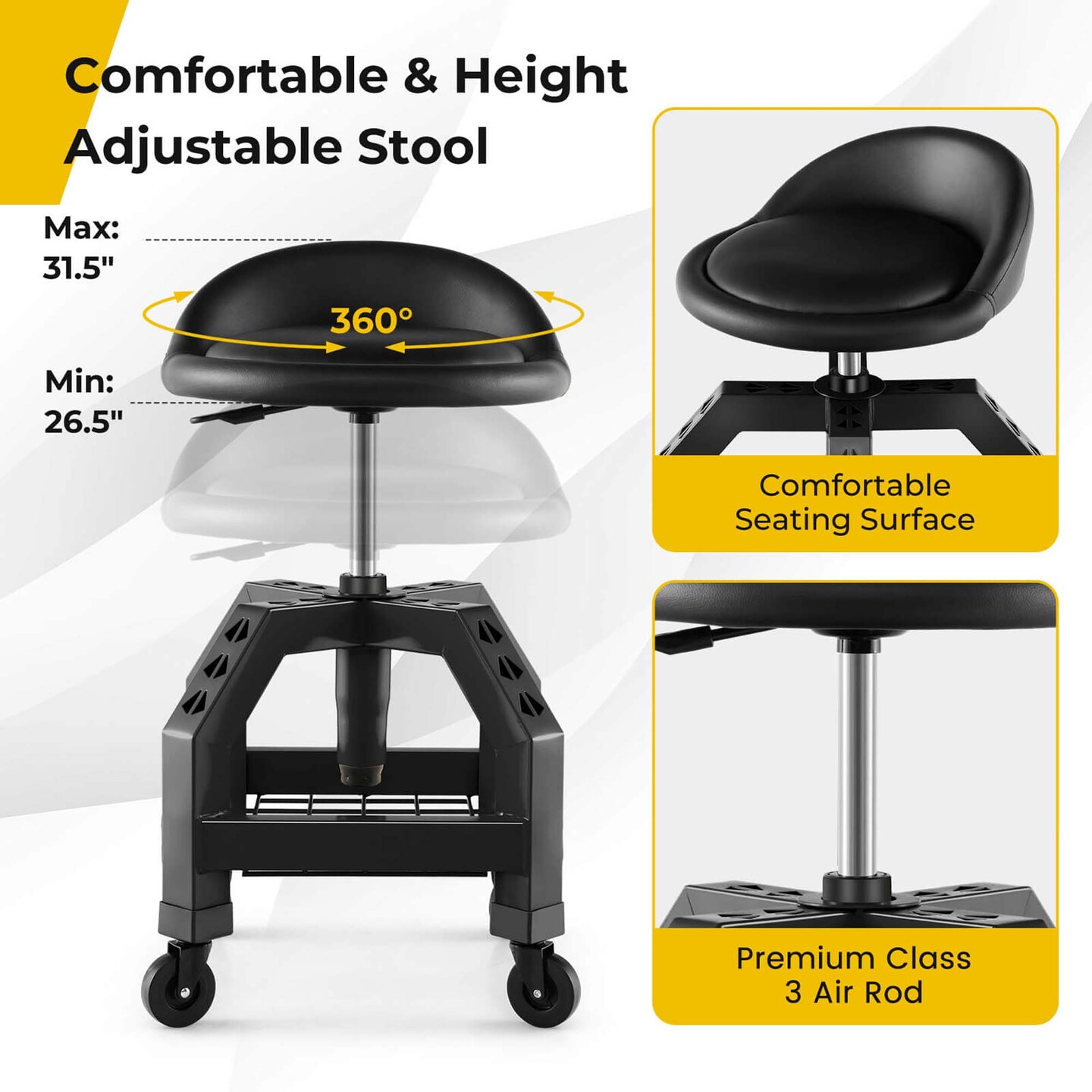 Costway Rolling Seat Mechanic Stool Chair with Tool Tray 4 Universal Wheels for Factory Black/Yellow
