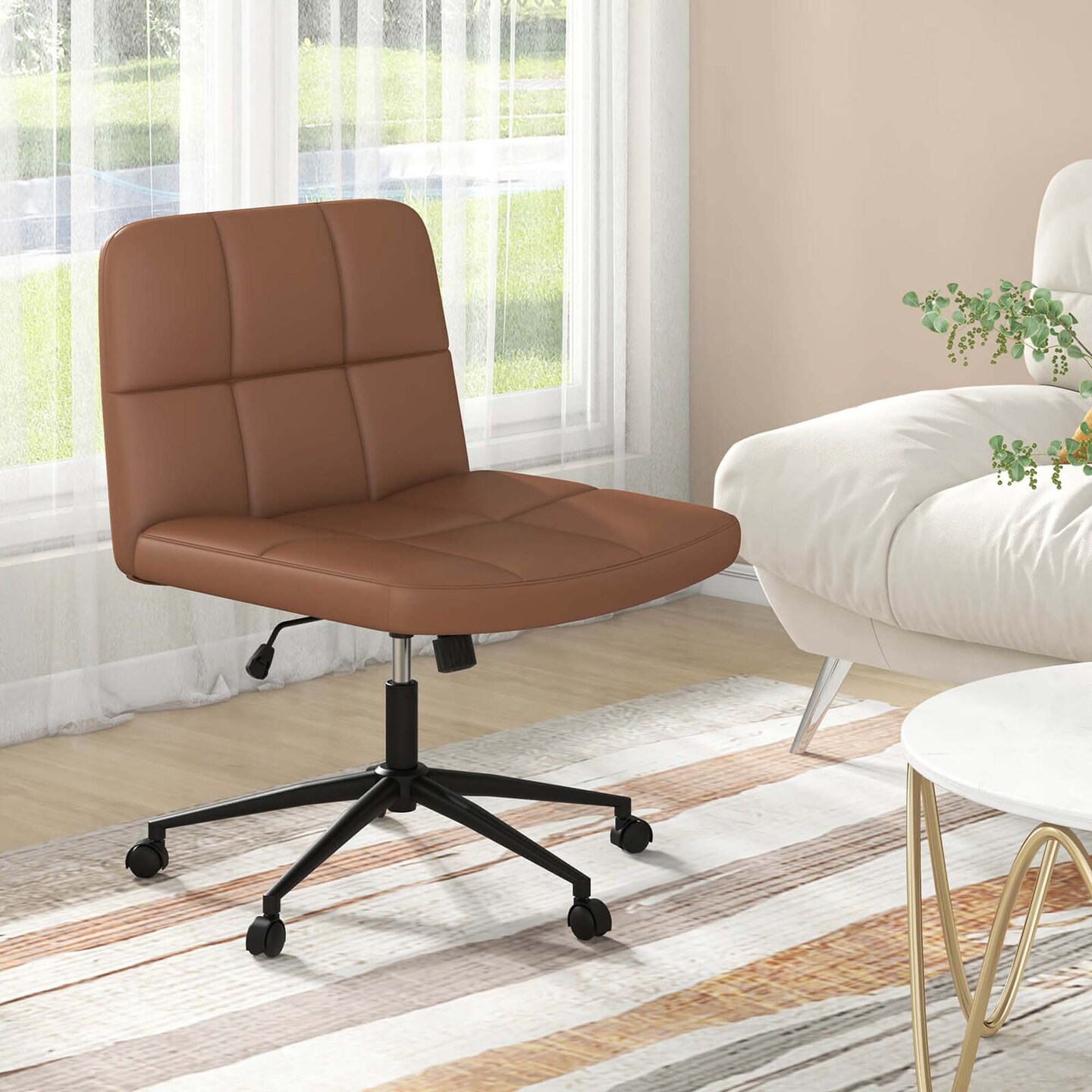 Costway Criss Cross Chair with Wheels Oversized U-shaped Seat Wheels for Home Office Beige/Brown