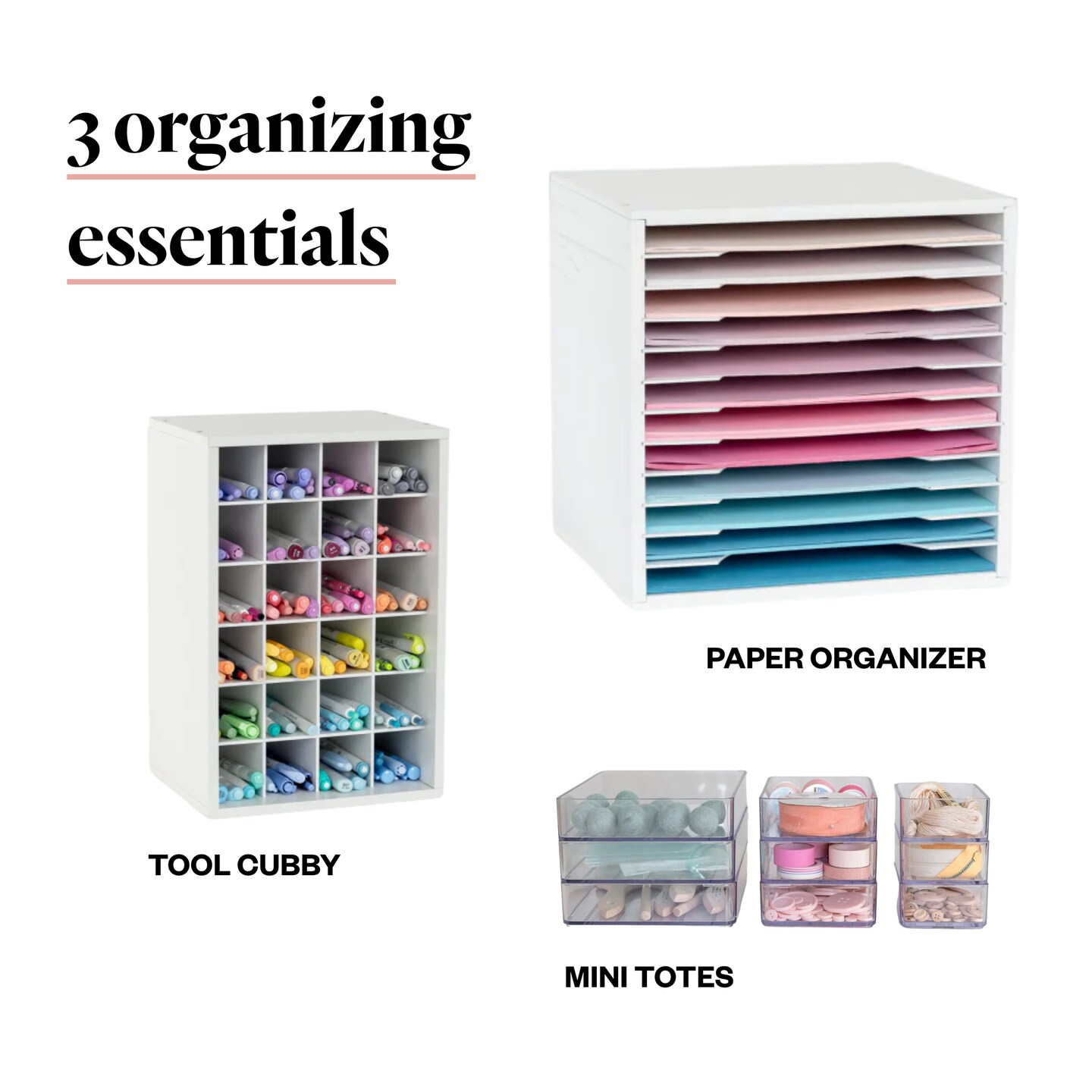 Ultimate Craft Storage Bundle - Tool Cubby, Paper Organizer & 24 Mini Totes | Modular Organizers for Paper, Vinyl, Markers & Supplies