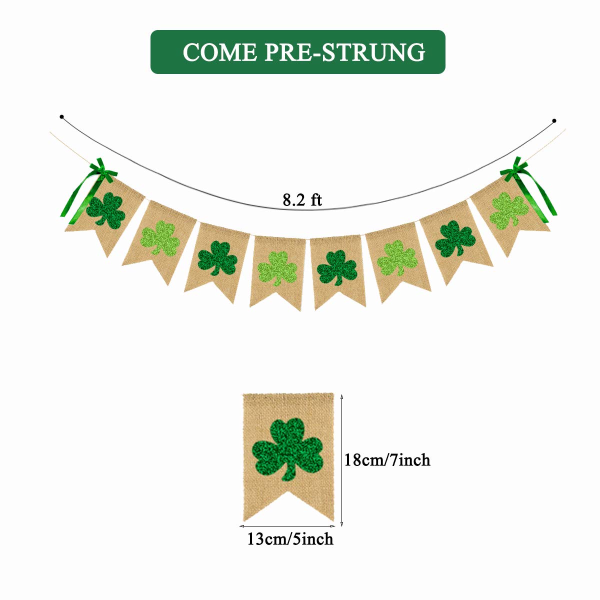 Glittery Shamrock Burlap Banner St. Patrick's Day Green Shamrock Clover Banner Garland with Bows Saint Patrick's Day Party Decorations for Irish Lucky Day St. Patty’s Day Home Outdoor Decor