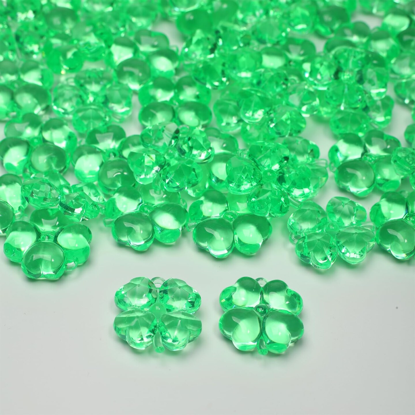Acrylic Shamrocks St Patricks Day Decorations, 65pcs Mini Green Clear Crystal Clover Vase Filler Ornaments for Table Centerpieces DIY Crafts