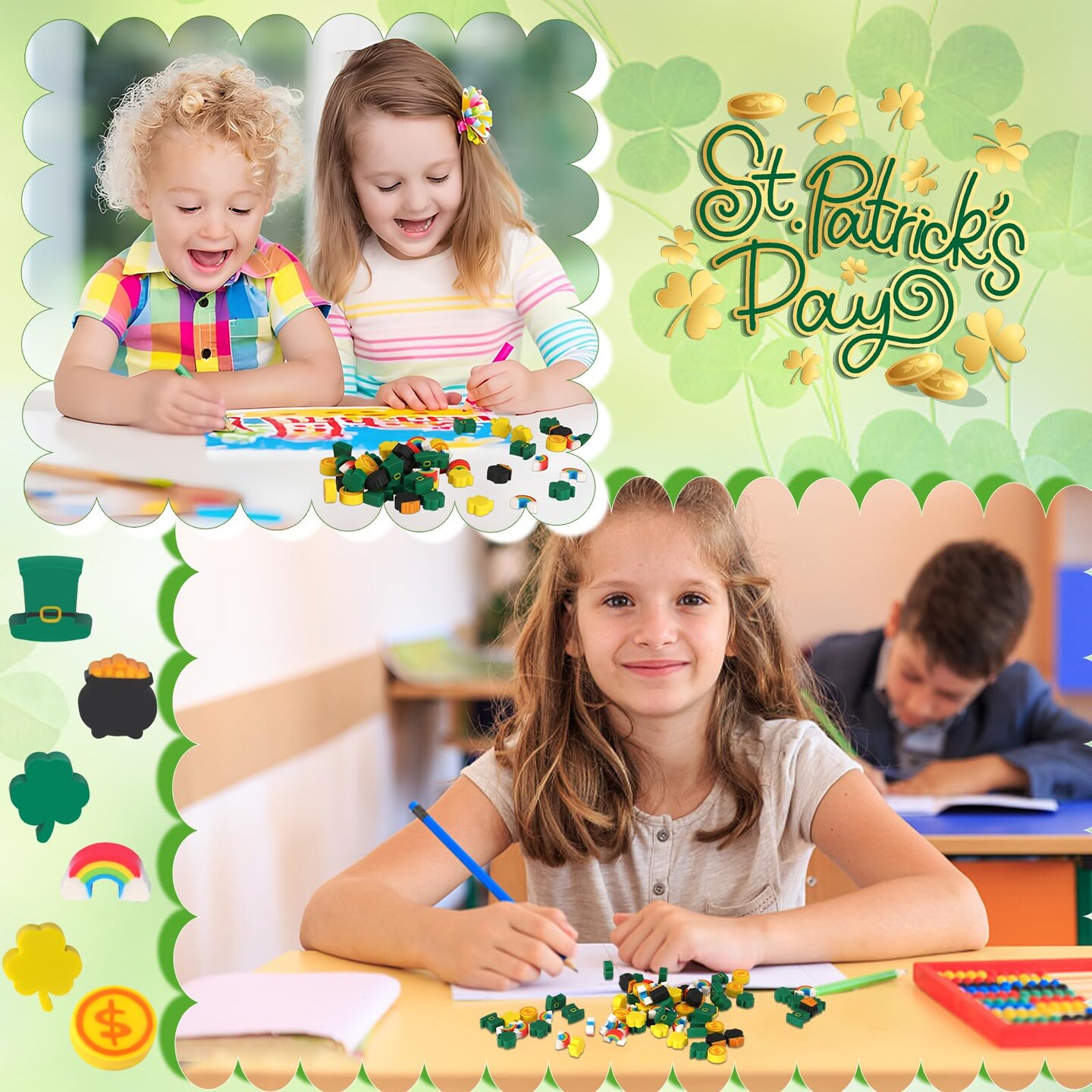 Erasers for Kids, 150Pcs St. Patrick's Mini Erasers Cute Pencil Erasers Shamrocks Erasers for Kids Bulk School Classroom Prizes Homework Rewards Party Favors