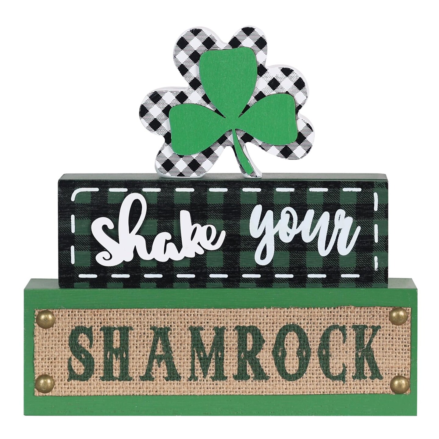 St Patricks Day Decorations, 3-Layered Shamrock Wood Block St Patricks Day Decor, Shamrock Ornaments Shake Your SHAMROCK Sign Saint Patricks Day Decorations for the Home, Table, Mantel