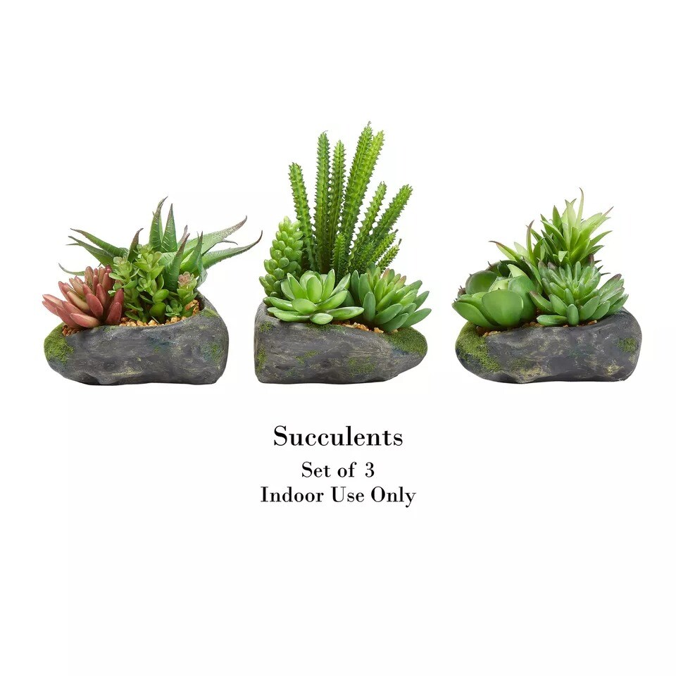 Artificial Succulent Plants in Faux Stone Pots, 3 Piece Set Lifelike Greenery