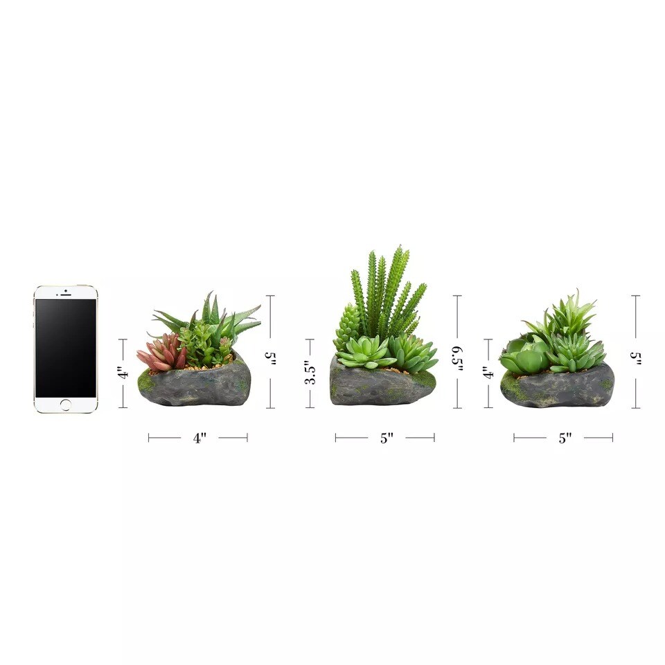 Artificial Succulent Plants in Faux Stone Pots, 3 Piece Set Lifelike Greenery
