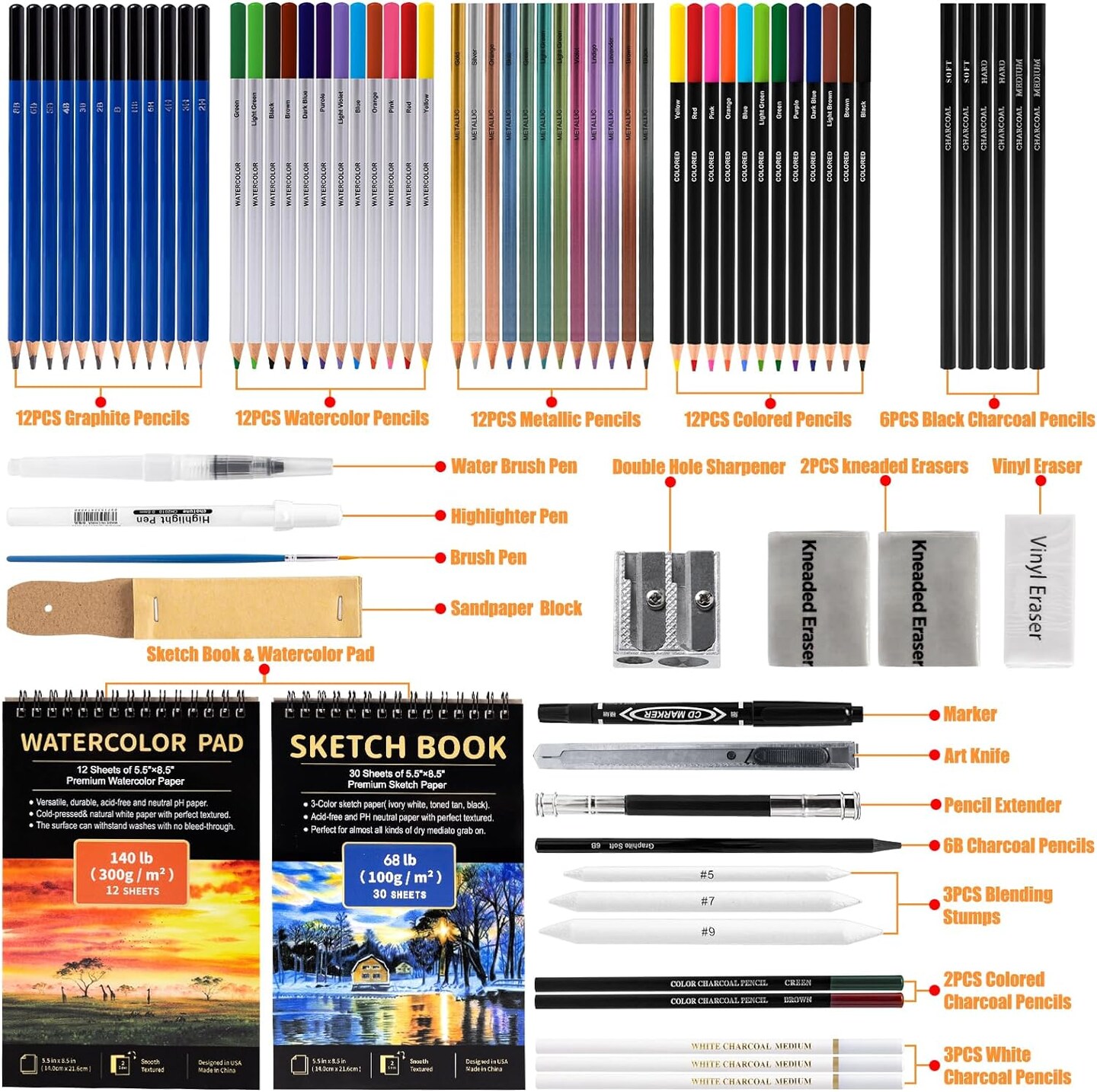 Art Supplies Drawing Pencils Set - 76 Pack Pro Sketching Kit with Sketchbook and Watercolour Pad, Includes Graphite, Charcoal, Watercolour, and Metallic Pencils for Kids, Teens, and Adults.