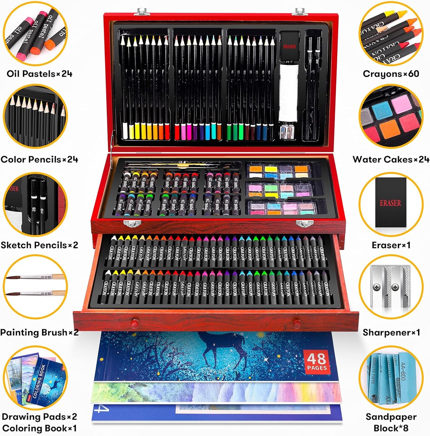 Art Supplies: 150-Pack Deluxe Wooden Art Set Crafts Drawing Painting Kit with 1 Coloring Book, 2 Sketch Pads, and Creative Gift Box for Adults Artists: Beginners, Kids, Girls, Boys