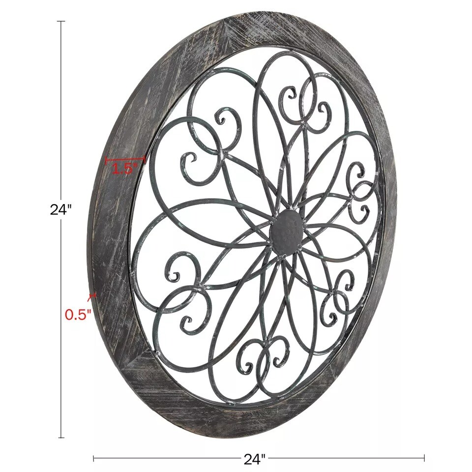 Medallion Metal Wall Art- 24 Inch Round Iron Scrollwork, Flower &#x26; Wood