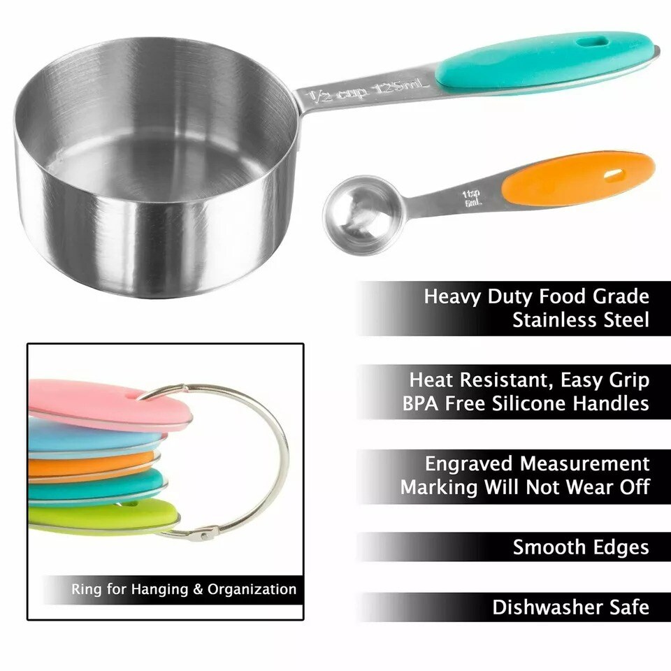 Measuring Cups and Spoons Matching Set Stainless Steel Silicone Handles