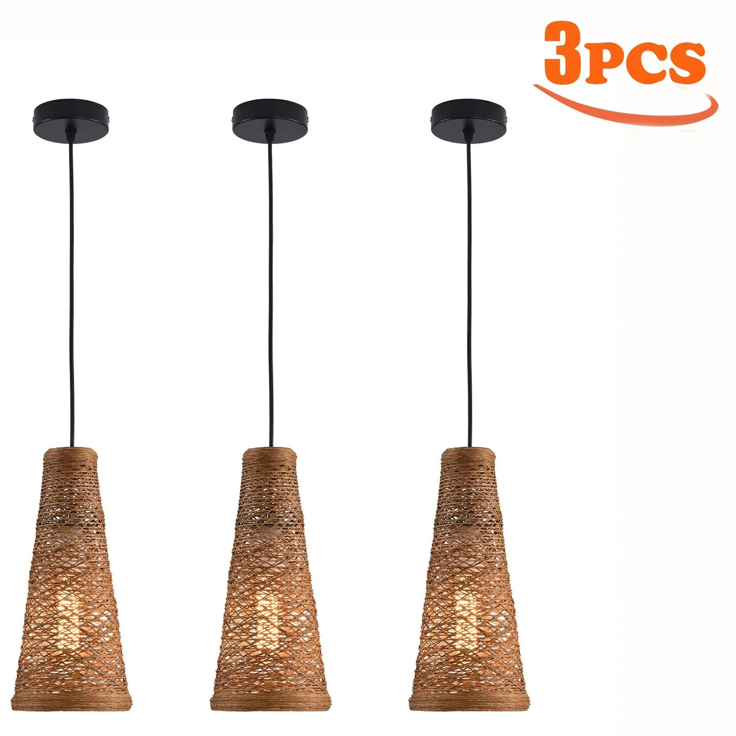 3Pcs Bamboo Wicker Rattan Shade Pendant Light Art Hanging Ceiling Lamp Fixture