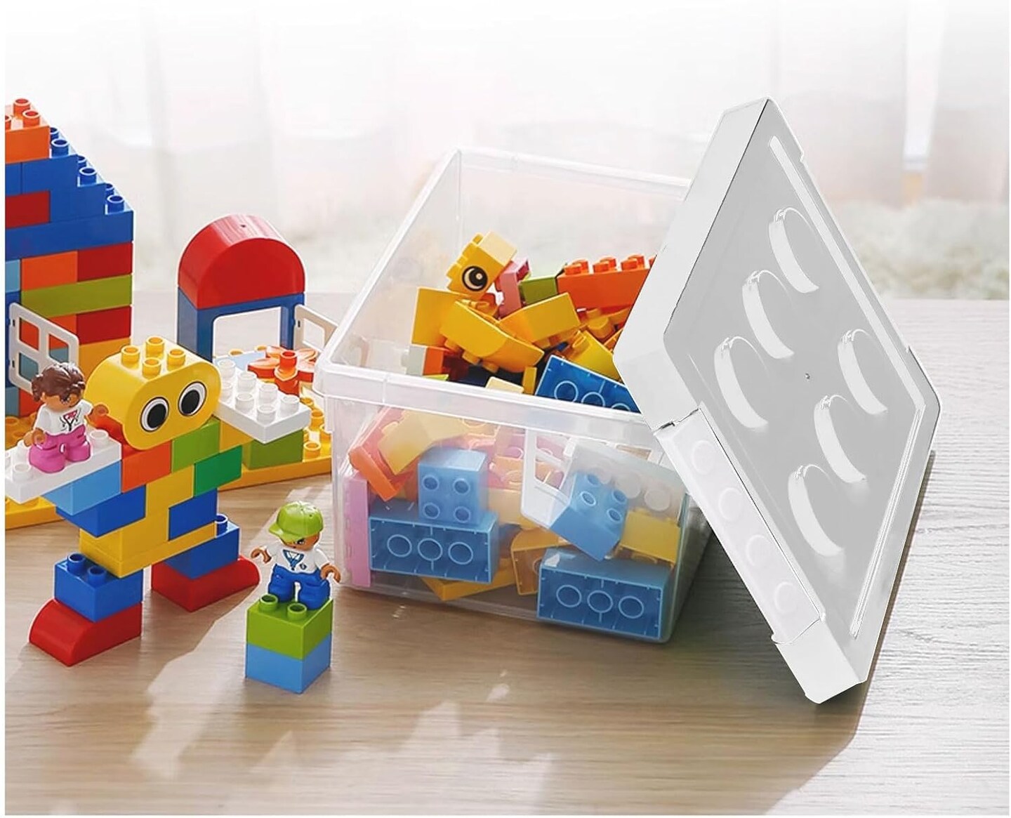 Building bricks and toys storage container in white. Plastic storage bins with lids - stackable toy storage organizer box set of 2. Kids toy chests with compatible building baseplate and lid.