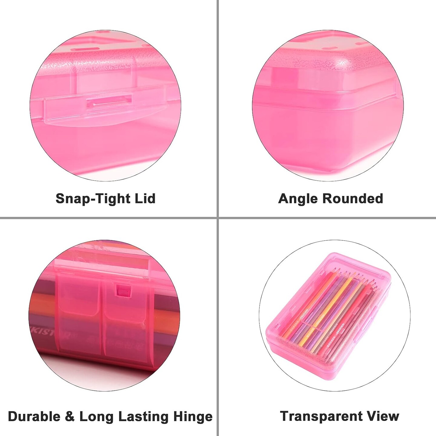 Pencil boxes for kids and adults, colored plastic pencil box, large capacity pencil case, hard crayon box storage with snap-tight lid for school office supplies (Pink)