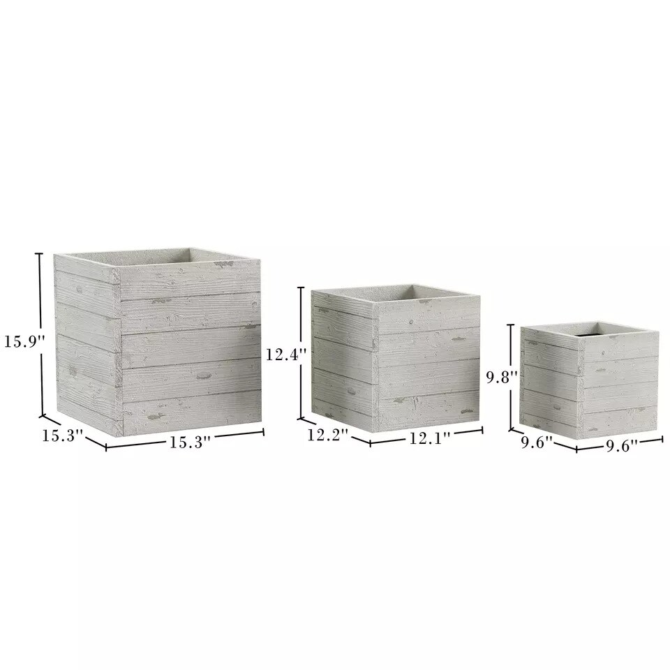 Square Fiber Clay Planter Set 3-Piece Varying Height Rustic Wood Look Pots