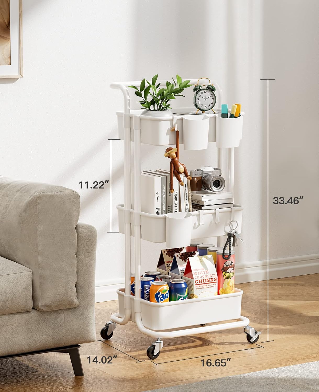 3-Tier Rolling Cart with Wheels - Rolling Storage Cart with Hanging Cups and Hooks - Mobile Utility Cart for Office, Kitchen, and Craft Room - Art &#x26; Craft Organiser, White, PIUC06W