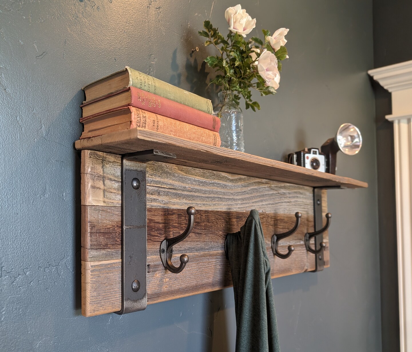 Wall Mounted Barnwood Coat Rack MOAB Industrial Farmhouse Entryway Organizer Hooks Wall Rustic Reclaimed Wood with metal Hangers MakerPlace by Michaels