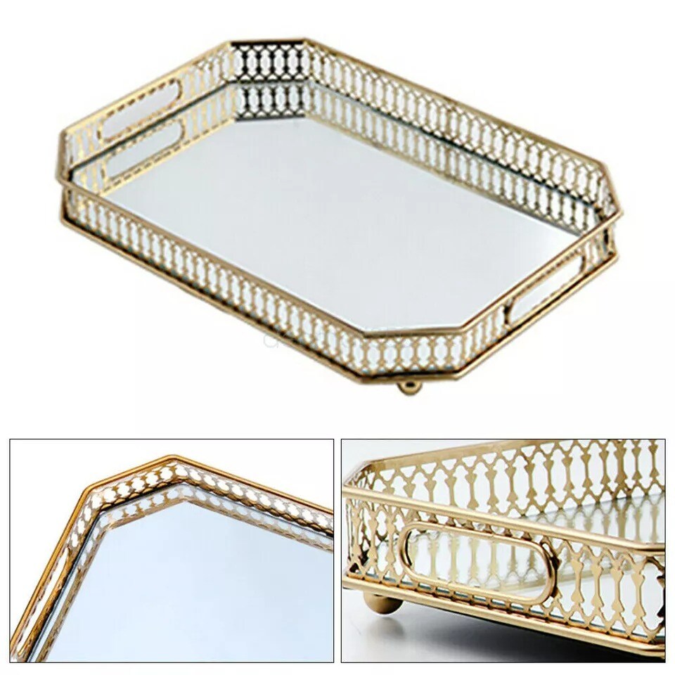 Vintage Mirrored Jewelry Tray Vanity Home Octagon Makeup Perfume Coffee Holder