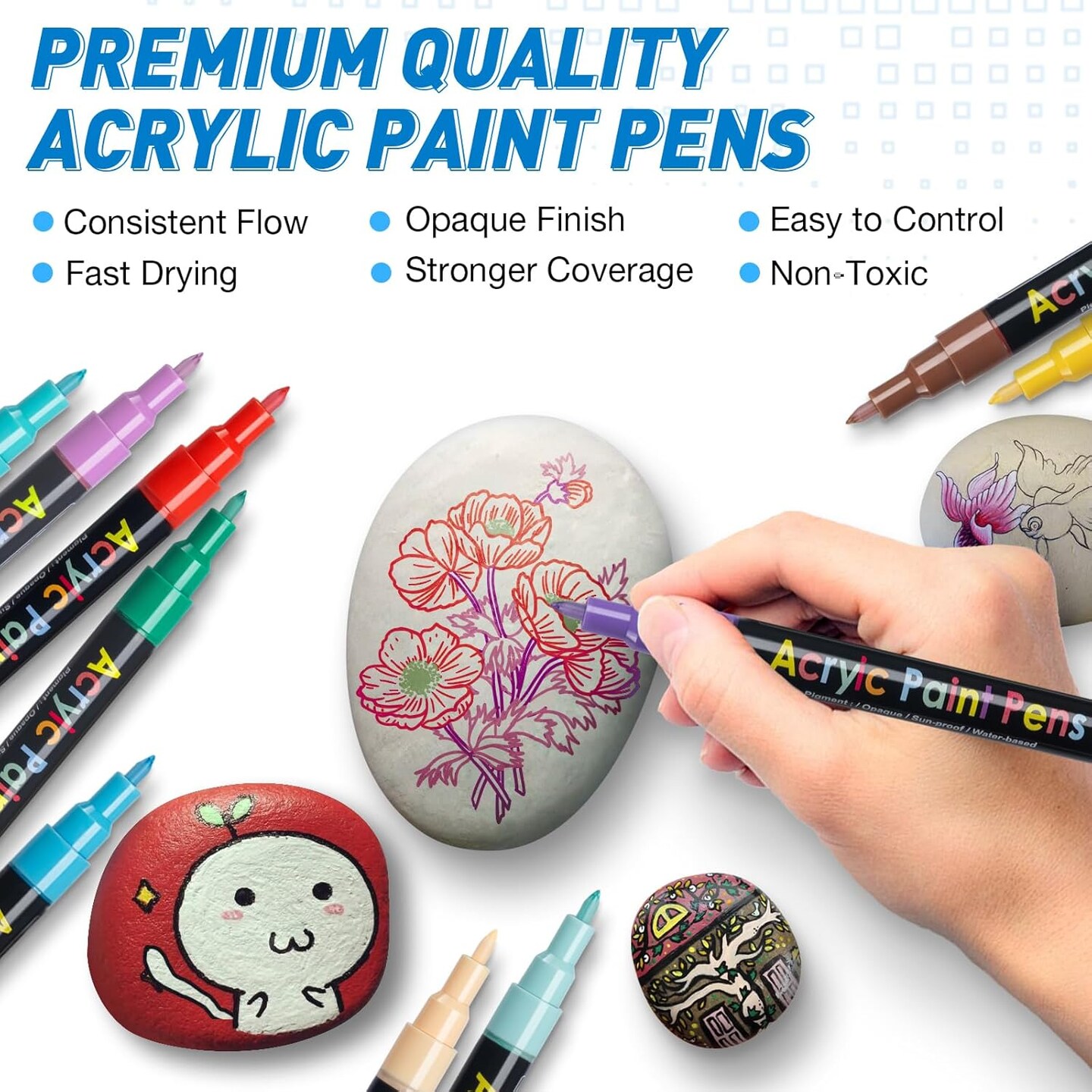 Acrylic Paint Pens Paint Markers Set of 18: Fine Point for Rock Painting Glass, Wood, Ceramic Fabric, Metal Canvas, Easter Eggs, Pumpkin Kit, Drawing Art Crafts for Adults Scrapbooking Supplies.