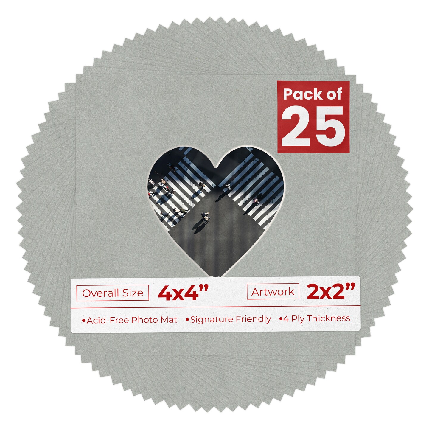 Light Grey Suede Mat Board for 4x4 Inch Frames - Heart Opening for 2x2 Photos