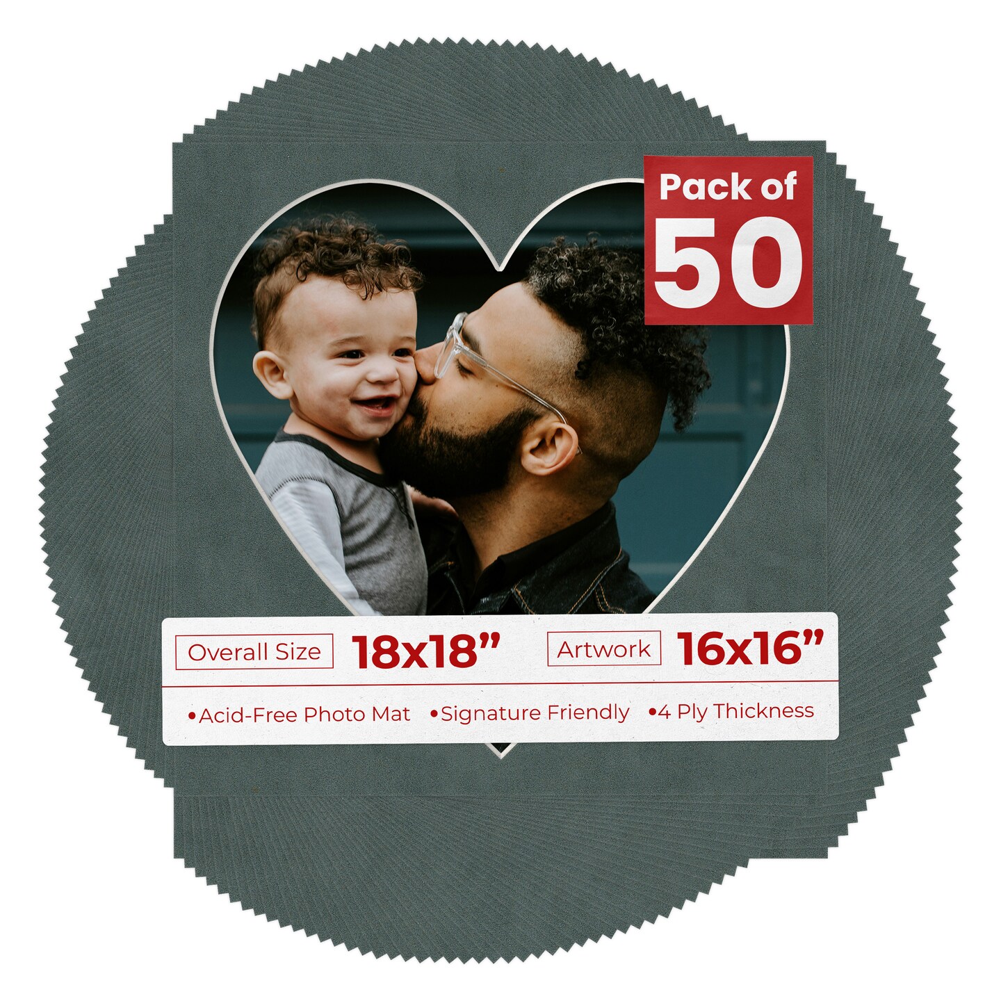 Dark Grey Suede Mat Board for 18x18 Frames - Heart Opening for 16x16 Photos