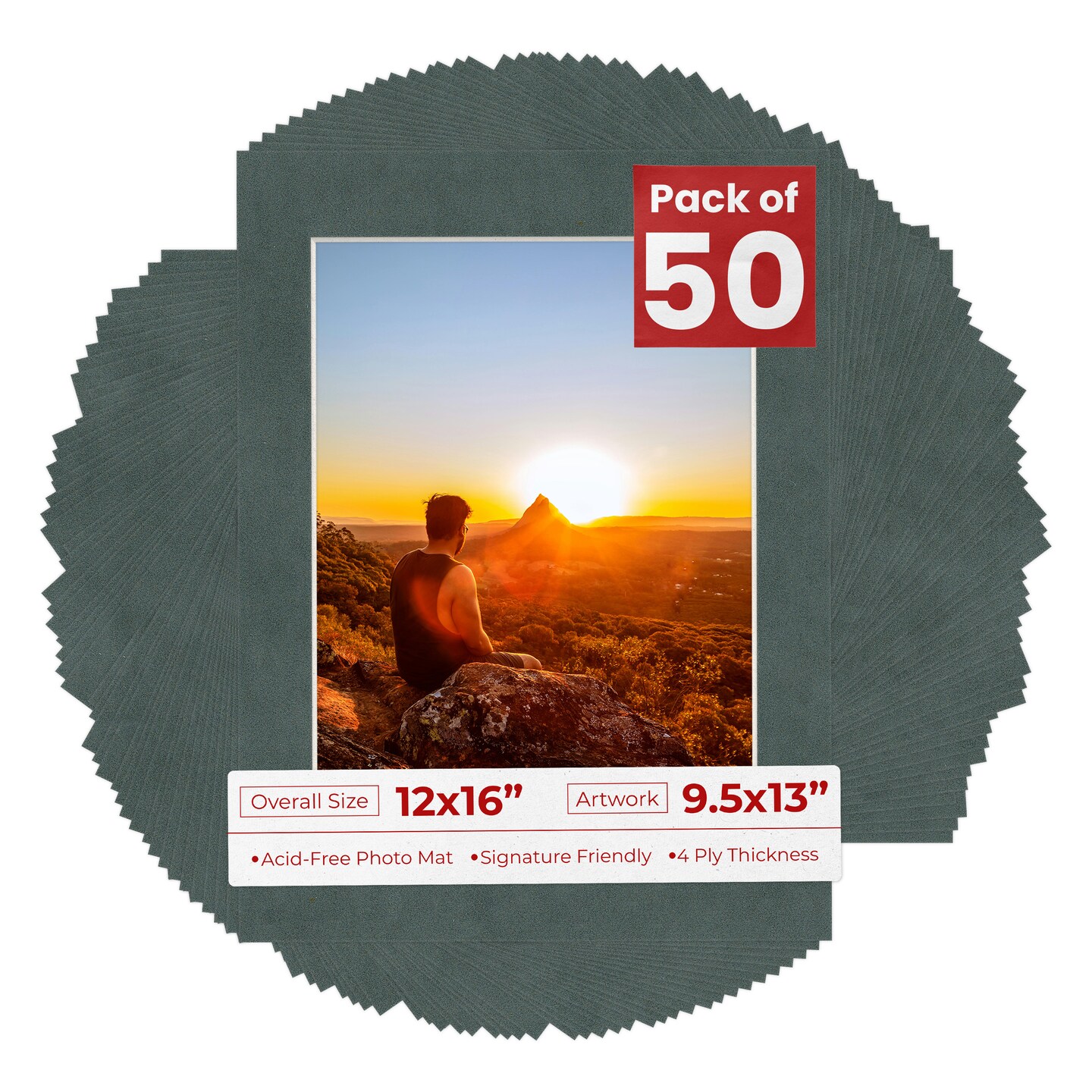 Dark Grey Suede Mat Board for 12x16 Frames - Fits 9.5x13 Photos