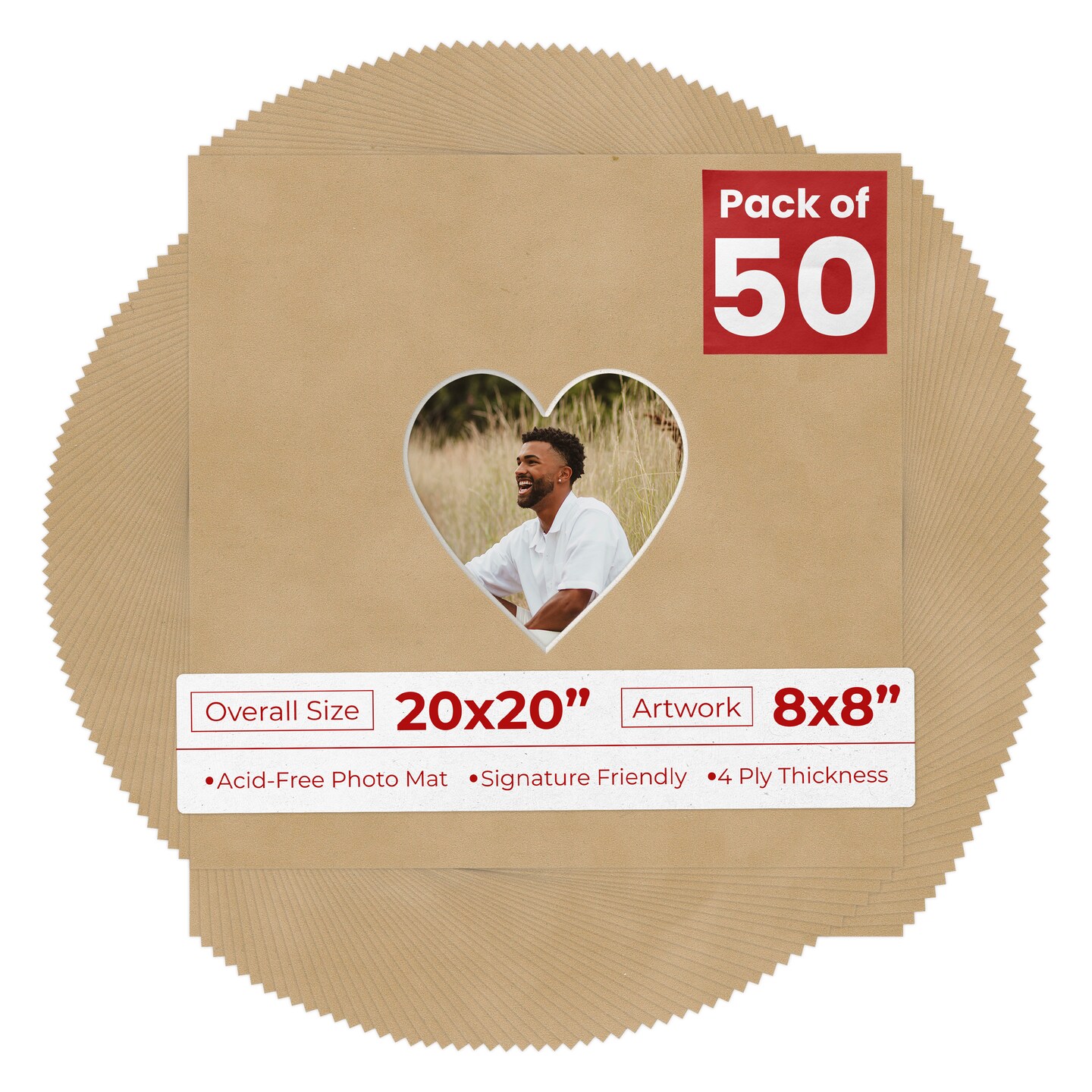 Beige Suede Mat Board for 20x20 Frames - Heart Opening for 8x8 Photos