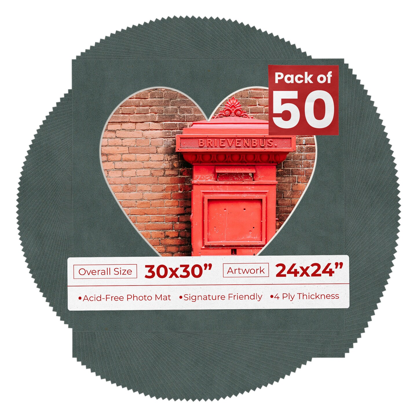 Dark Grey Suede Mat Board for 30x30 Frames - Heart Opening for 24x24 Photos