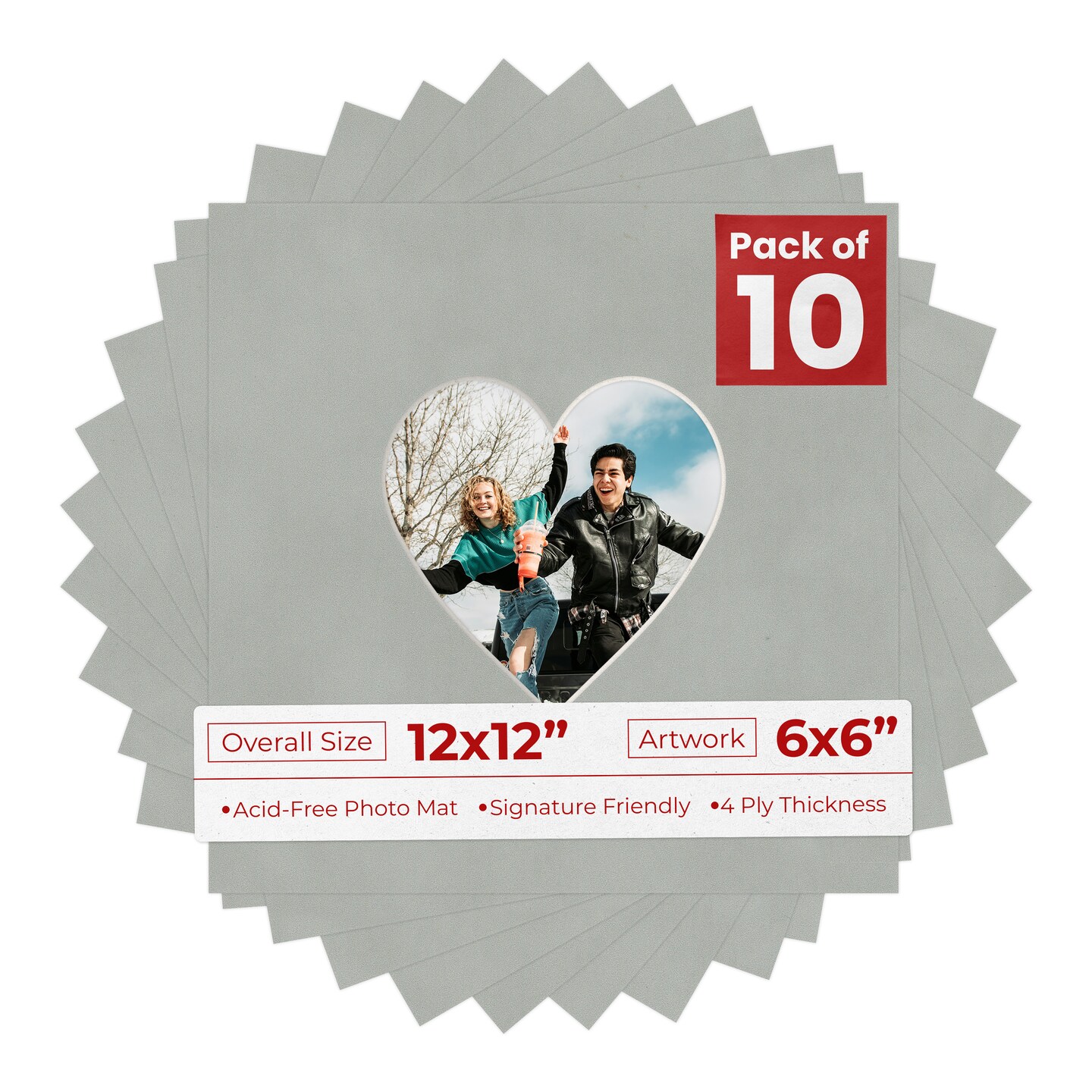 Light Grey Suede Mat Board for 12x12 Frames - Heart Opening for 6x6 Photos